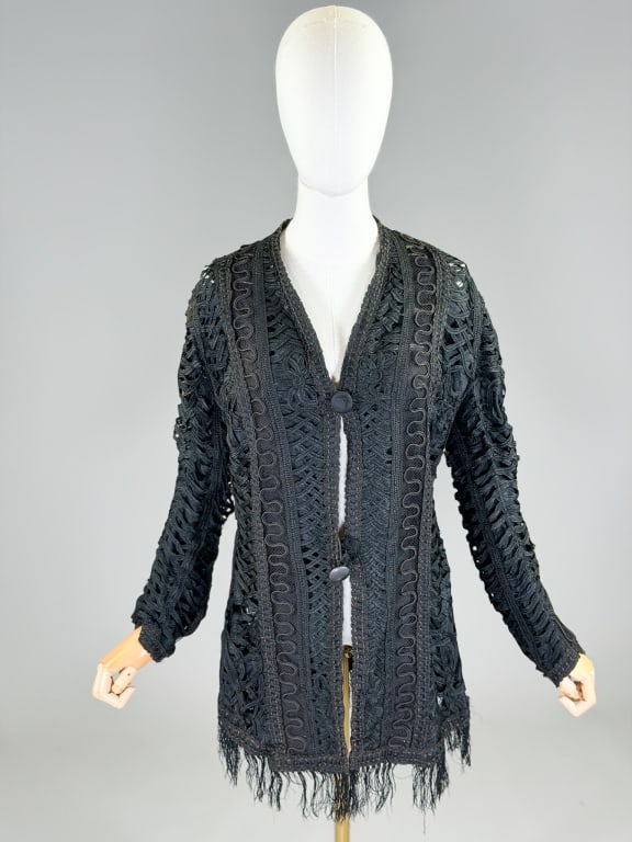 Antique Edwardian 1900s Soutache Ribbon Jacket: Antique Edwardian 1900s Soutache Ribbon Jacket having button front closure. Measuring 40 inch bust, 31 inches long, 23 inch sleeve length. General wear and wear to lining as shown throughout.