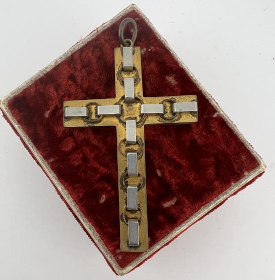 Antique 19th C Large Scale Gold Fill Cross Pendant: Antique 19th C Victorian Era Large Scale Two Tone Gold Filled Cross Necklace Pendant. Measures 3 inches in length.
