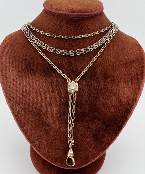 Antique 19th C 10k Gold Slide Watch Chain Necklace: Antique 19th C 10k Gold Slide Watch Chain Necklace. Antique 19th C Victorian Era watch chain / guard chain necklace. Gold filled chain and gold clip with slide that tests as 10kt gold on the front and