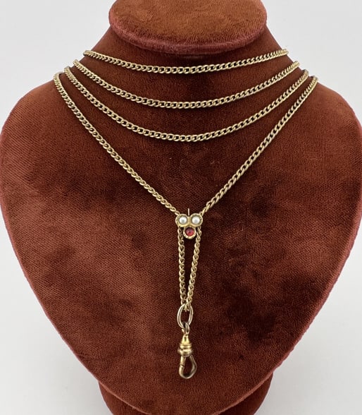 Antique 19th C 10k Gold Slide Watch Chain Necklace: Antique 19th C 10k Gold Slide Watch Chain Necklace. Antique 19th C Victorian Era watch chain / guard chain necklace. Gold filled chain and gold clip with slide that tests as 10kt gold on the front and