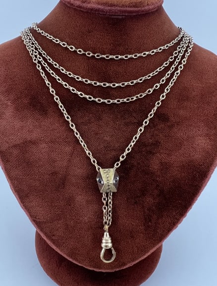 Antique 19th C 10k Gold Slide Watch Chain Necklace: Antique 19th C 10k Gold Slide Watch Chain Necklace. Antique 19th C Victorian Era watch chain / guard chain necklace. Gold filled chain and gold clip with slide that tests as 10kt gold on the front and