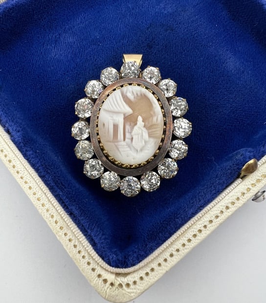 Antique 19th C Gold Filled & Paste Cameo Pendant: Antique 19th C Gold Filled & Paste Cameo Pendant. Impressive Victorian era gold filled necklace pendant with paste halo and hand carved natural shell cameo at center with pastoral scene. Measures just