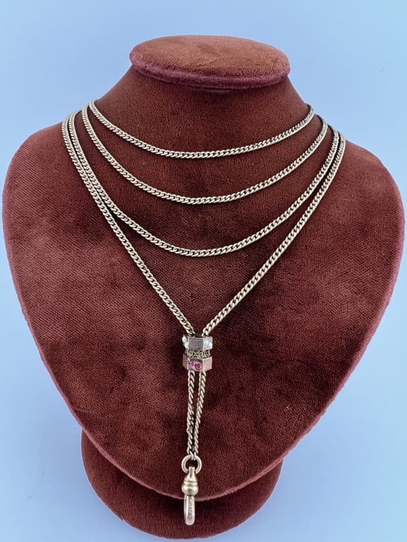 Antique 19th C 10k Gold Slide Watch Chain Necklace: Antique 19th C 10k Gold Slide Watch Chain Necklace. Antique 19th C Victorian Era watch chain / guard chain necklace. Gold filled chain and gold clip with slide that tests as 10kt gold on the panels wh