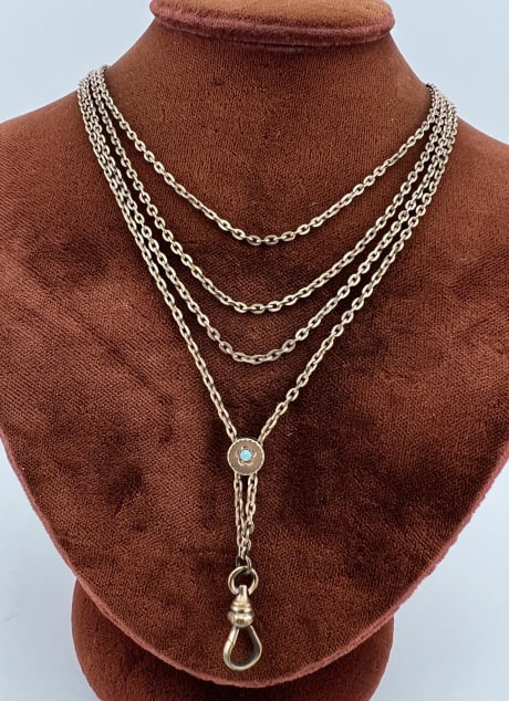 Antique 19th C 10k Gold Slide Watch Chain Necklace: Antique 19th C 10k Gold Slide Watch Chain Necklace. Antique 19th C Victorian Era watch chain / guard chain necklace. Gold filled chain and gold clip with slide that tests as 10kt gold on the front and
