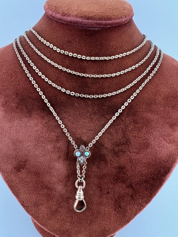 Antique 19th C 10k Gold Slide Watch Chain Necklace: Antique 19th C 10k Gold Slide Watch Chain Necklace. Antique 19th C Victorian Era watch chain / guard chain necklace. Gold filled chain and gold clip with slide that tests as 10kt gold on the front and