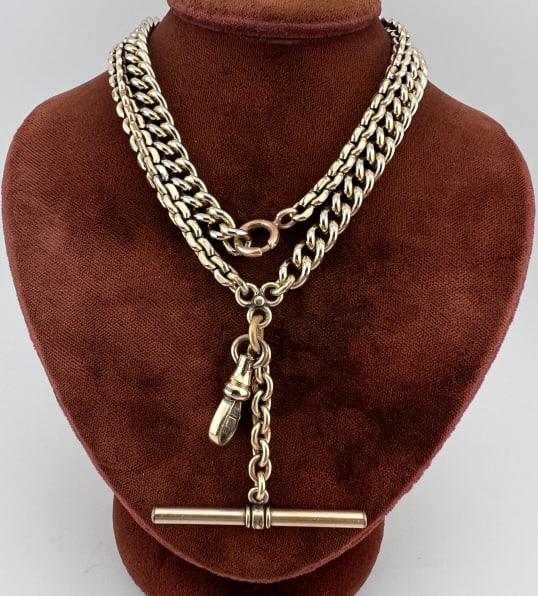 Antique Gold Fill Watch Chain Necklace w Dog Clip: Antique Gold Fill Watch Chain Necklace w Dog Clip & T Bar. Rolo link gold filled chain with gold filled dog clip, spring ring and T bar together with a curb link chain. Measures 21 inches in length.