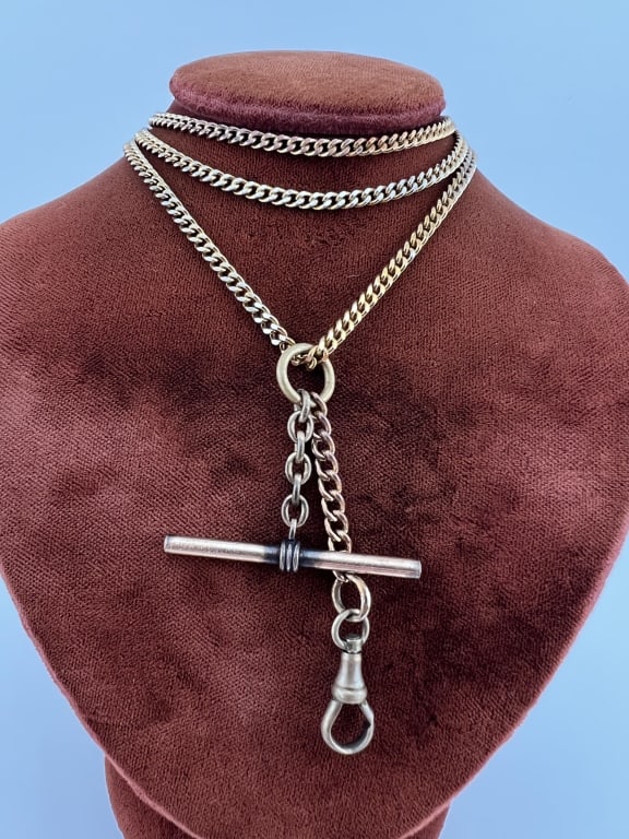 Antique Gold Filled Curb Link Watch Chain Necklace: Antique Gold Filled Curb Link Watch Chain Necklace w Dog Clip & T Bar. Measures 24 inches in length, drop with T bar and dog clip measures just over 2.25 inches in length.