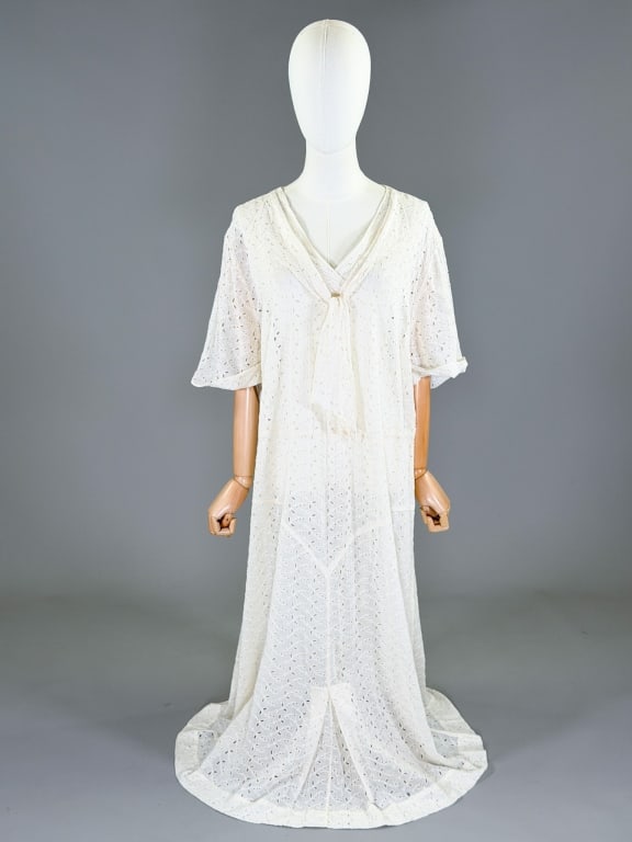 Vintage 1930s Cotton Eyelet Lace Shift Dress: Vintage 1930s Cotton Eyelet Lace Shift Dress having tie at neck, no closure slides over head. Measuring 48 inch bust, 44 inch waist, 51 inches long, 12 inch sleeve length.