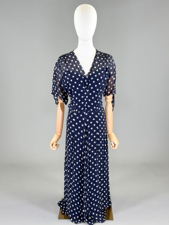 Vintage 1930s Printed Silk Art Deco Day Dress: Vintage 1930s Printed Silk Art Deco Day Dress having side zip closure. Measuring 42 inch bust, 36 inch waist, 50 inches long, 16 inch sleeve length. General wear as shown throughout.
