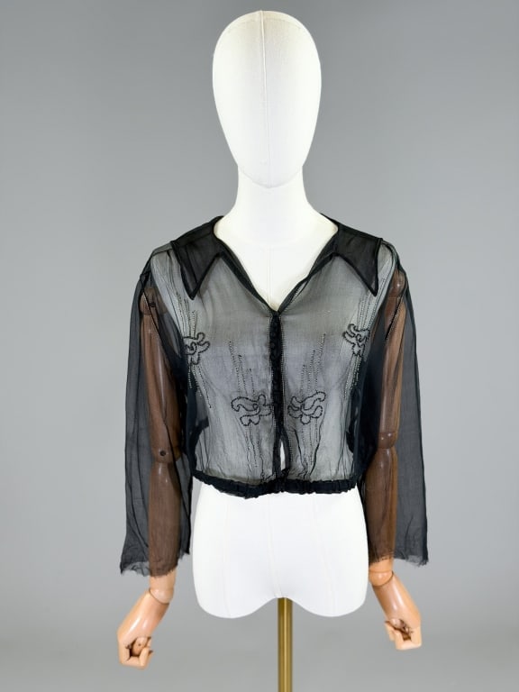 Antique 1920s Silk Chiffon Beaded Blouse Top Shirt (1 of 8)