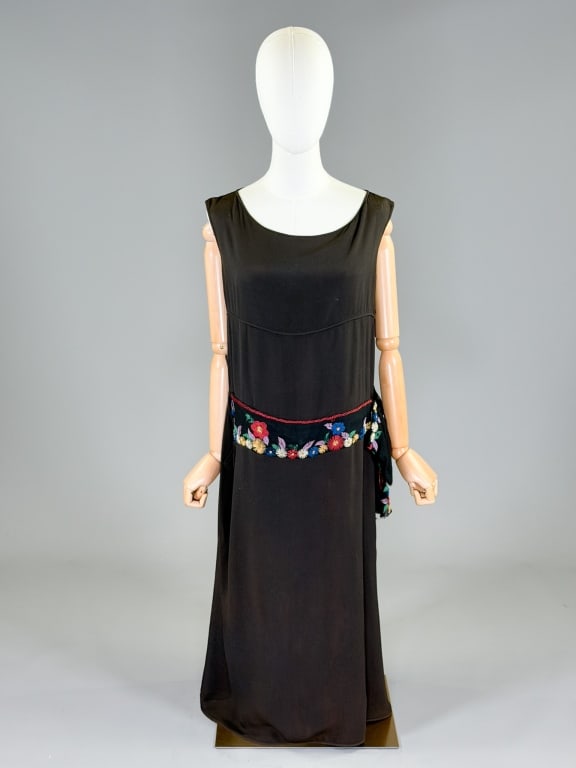 Antique 1920s Silk Floral Embroidered Flapper Gown: Antique 1920s Silk Floral Embroidered Flapper Gown having floral embroidery through waist with no closures, slides over head. Measuring 40 inch bust, 36 inch waist, 45 inches long. General wear as sho