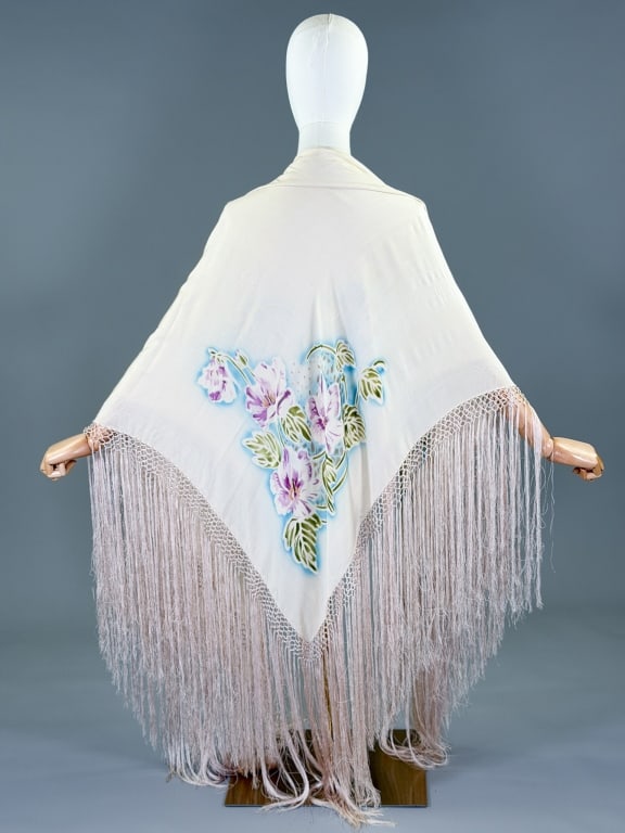 Antique 1920s Hand Painted Floral Silk Piano Shawl (1 of 12)