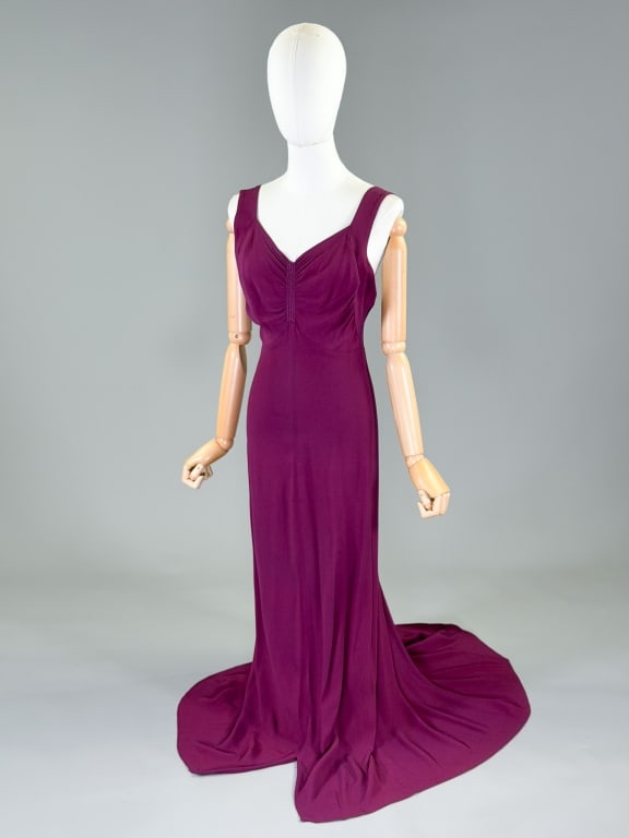 Vintage 1930s Satin Back Crepe Deco Evening Gown: Vintage 1930s Satin Back Crepe Deco Evening Gown having ruched bust, bias cut throughout with stretch. Measuring 32-36 inch bust, 24-30 inch waist, 56 inch front length, 60 inch back length. General w