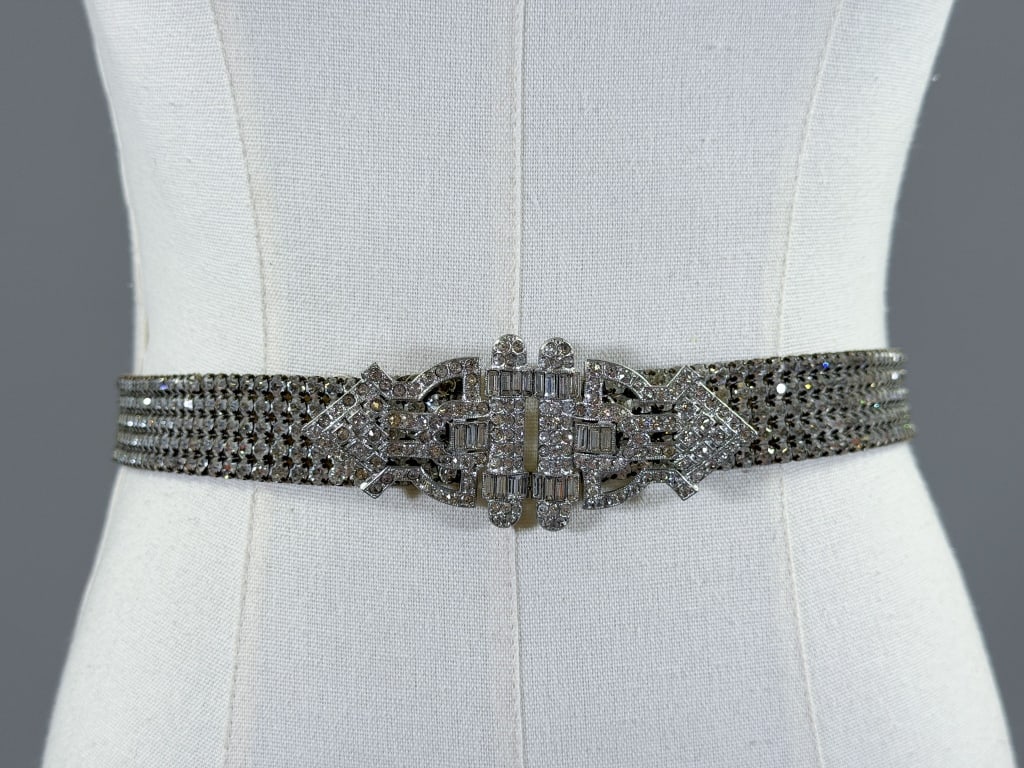 Vintage 1930s Art Deco Rhinestone Waist Belt: Vintage 1930s Art Deco Rhinestone Waist Belt having rhinestone buckle closure at front with rhinestones throughout. Measuring approximately 26 inch waist. General wear as shown throughout.