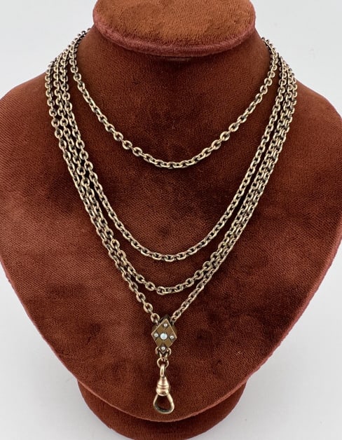 Antique 19th C 10k Gold Slide Watch Chain Necklace: Antique 19th C 10k Gold Slide Watch Chain Necklace. Antique 19th C Victorian Era watch chain / guard chain necklace. Gold filled chain and gold clip with slide that tests as 10kt gold on the front and