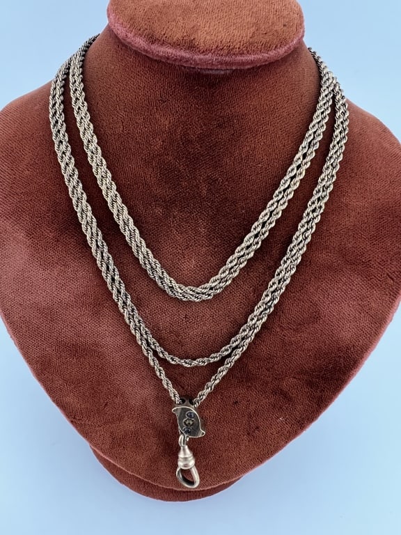Antique 19th C 10k Gold Slide Watch Chain Necklace: Antique 19th C 10k Gold Slide Watch Chain Necklace. Antique 19th C Victorian Era watch chain / guard chain necklace. Gold filled chain and gold clip with slide that tests as 10kt gold on the front and