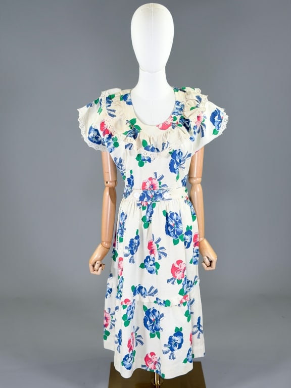 Vintage 1940s Cotton Floral House Dress