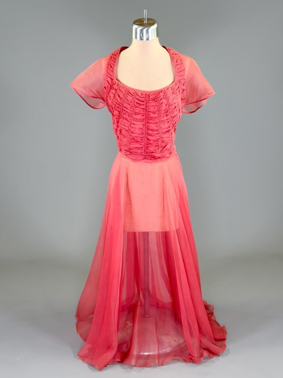 Vintage 1950s Sheer Ruched Party Dress: Vintage 1950s Sheer Ruched Party Dress having side zip closure. Measuring 36 inch bust, 26 inch waist, 49 inches long, 8 inch sleeve length. General wear as shown throughout.