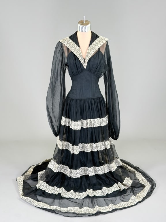 Vintage 1940s Sheer Lace Stripe Evening Gown: Vintage 1940s Sheer Lace Stripe Evening Gown having side zip closure. Measuring 34 inch bust, 26 inch waist, 58 inches long, 31 inch sleeve length. General wear as shown throughout.