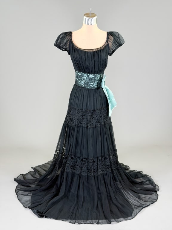 Vintage 1940s Chiffon Lace Puff Sleeve Maxi Dress: Vintage 1940s Chiffon Lace Puff Sleeve Maxi Dress having side zip closure. Measuring 32 inch bust, 22 inch waist, 60 inches long, 6 inch sleeve length. General wear as shown throughout.