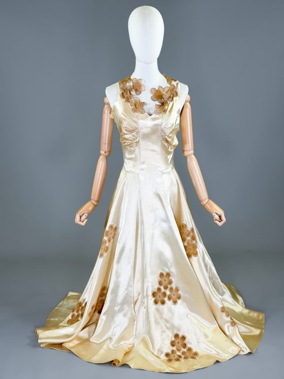 Vintage 1940s Rayon Satin Floral Lace Bridal Gown: Vintage 1940s Rayon Satin Floral Lace Bridal Gown Wedding Dress having back button closure with floral lace details throughout. Measuring 34 inch bust, 26 inch waist, 56 inches long. General wear as s