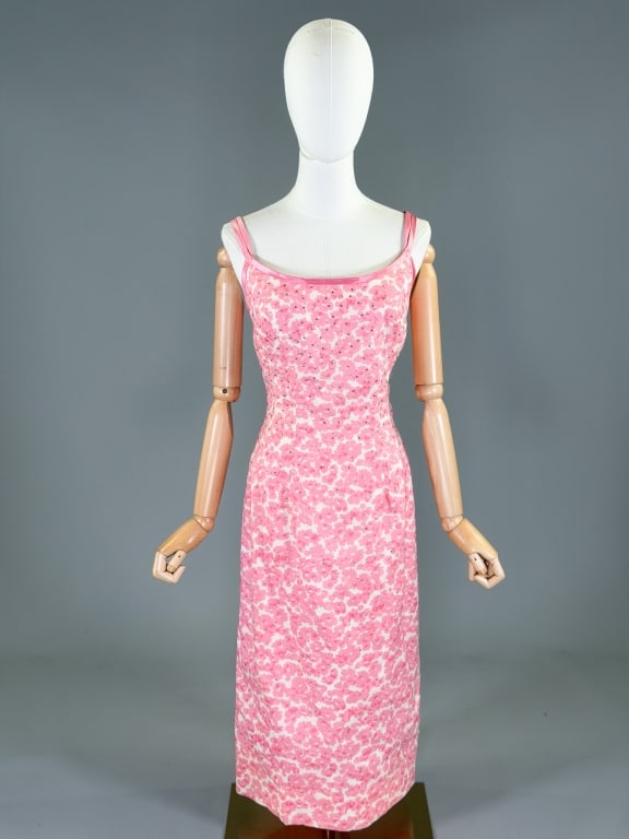 Vintage 1950s Frank Starr Cotton Rhinestone Dress: Vintage 1950s Frank Starr Cotton Rhinestone Dress having back zip closure and prong set rhinestones throughout. Measuring 38 inch bust, 28 inch waist, 45 inches long.