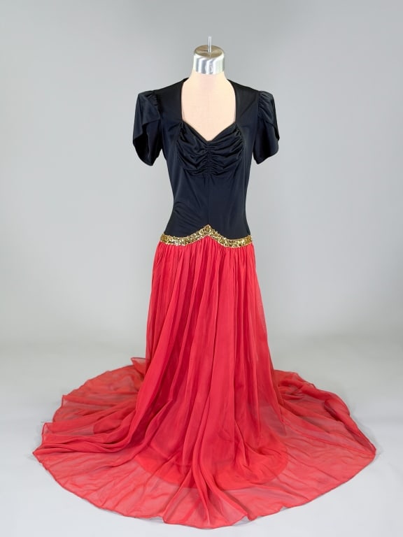 Vintage 1940s Rayon Knit Sequin Chiffon Gown Dress: Vintage 1940s Rayon Knit Sequin Chiffon Gown Dress having side zip closure and sequin details at hip. Measuring 32-36 inch bust, 24-26 inch waist, 58 inches long. General wear as shown throughout.