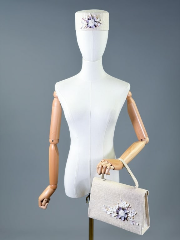 Vintage 1950s Linen Shell Purse & Hat Set: Vintage 1950s Linen Shell Purse & Hat Set having top handle bag with shell appliques and turn lock closure. Measuring approximately 7 inches high x 10.5 inches wide x 3.5 inches deep. Pillbox hat meas