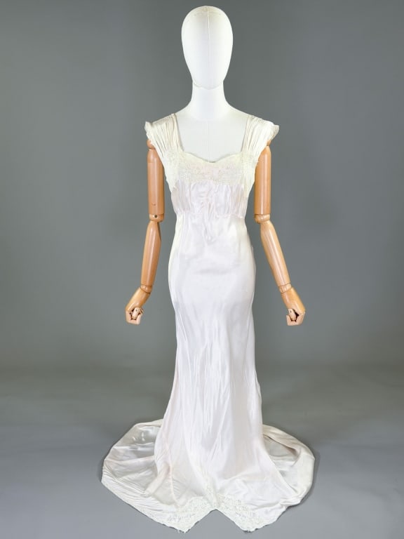 Vintage 1940s Satin Lace Night Gown Slip Dress: Vintage 1940s Rayon Satin Lace Night Gown Slip Dress having lace details at bust, bias cut throughout with stretch. Measuring 32-40 inch bust, 24-34 inch waist, 59 inches long. General wear as shown t