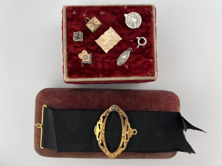 Collection Antique 19th C Gold / Gold Fill Slides: Collection Antique 19th C & Vintage Gold / Gold Filled Slides & Fobs / Watch Ribbons. Clasps. Some elements test as 10kt gold, mostly gold filled, three marked silver or for sterling, elements for wat