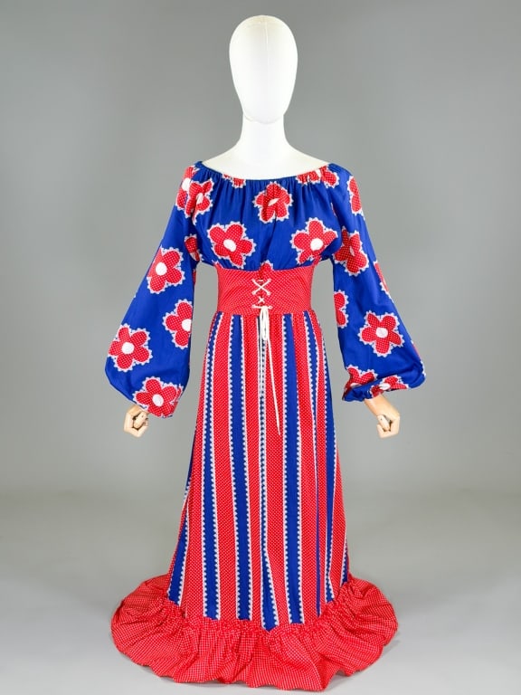 Vintage 1970s Floral Stripe Maxi Dress: Vintage 1970s Floral Stripe Maxi Dress having back zip closure with lace up waist. Measuring 36 inch bust, 28 inch waist, 53 inches long, 23 inch sleeve length.