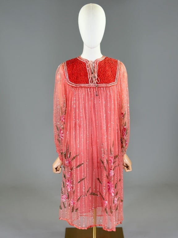 Vintage 1970s Beaded Lame Stripe Floral Dress: Vintage 1970s Beaded Lame Stripe Floral Dress having ties at neck. Marked free size. Measuring 34-44 inch bust, 40 inches long, 24 inch sleeve length. General wear as shown throughout.
