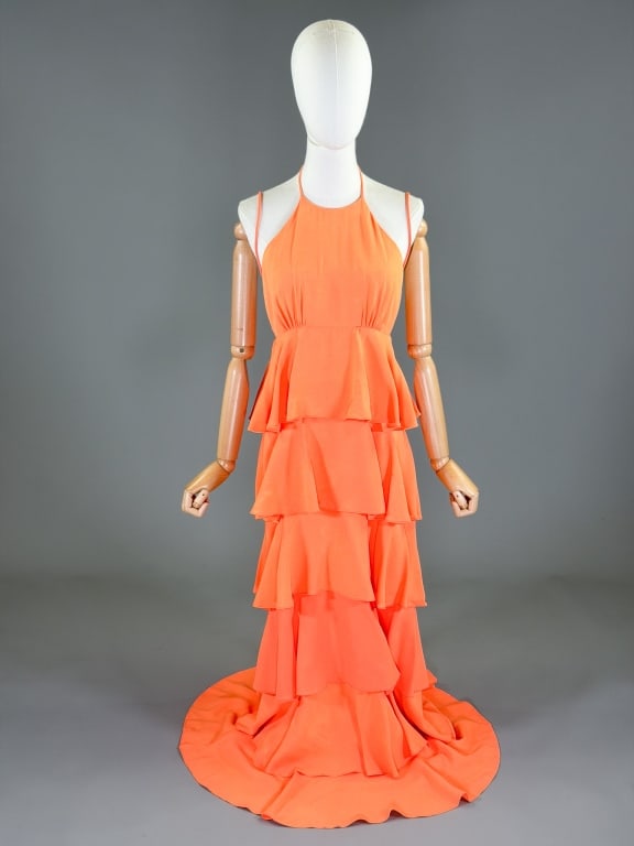 Vintage 1970s Crepe Tiered Maxi Dress: Vintage 1970s Crepe Tiered Maxi Dress having back zip closure. Measuring 34 inch bust, 26 inch waist, 60 inches long. General wear as shown throughout.