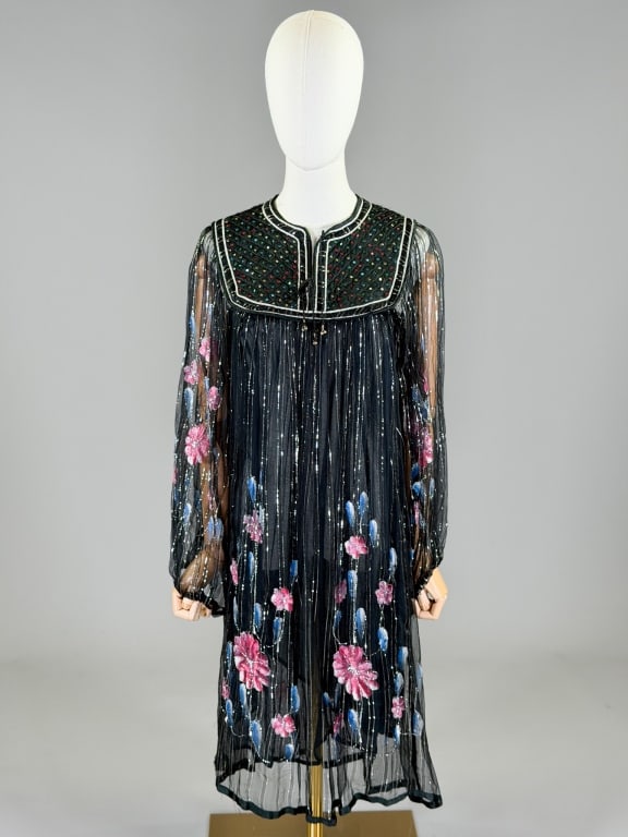Vintage 1970s Beaded Lame Stripe Floral Dress: Vintage 1970s Beaded Lame Stripe Floral Dress having ties at neck. Marked free size. Measuring 34-44 inch bust, 40 inches long, 24 inch sleeve length. General wear as shown throughout.