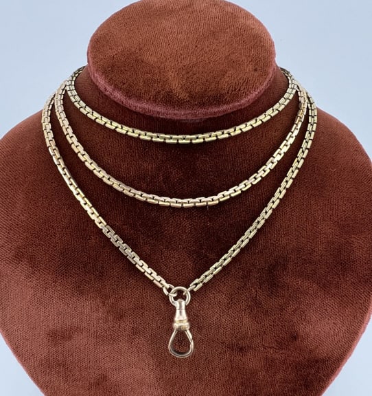 Antique Articulated Watch Chain Necklace w Clip: Antique Articulated Watch Chain Necklace w Dog Clip. Gold filled or plated. Spring ring clasp. Measures 27 inches in length.
