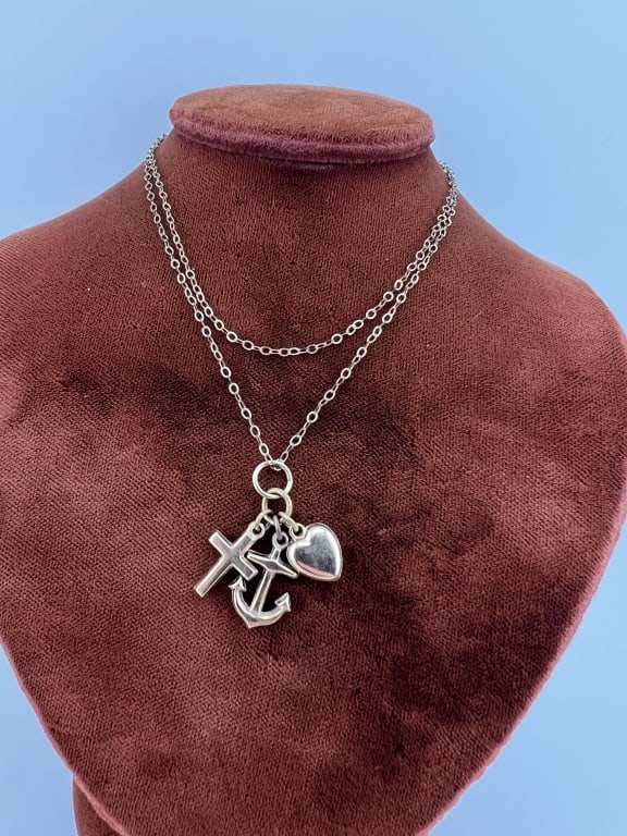 Antique Gold Filled Faith Hope & Charity Necklace: Antique Gold Filled Faith Hope & Charity Necklace. Gold filled necklace chain with pendant of heart, cross and anchor for faith hope and charity. Chain measures 18.5 inches in length.