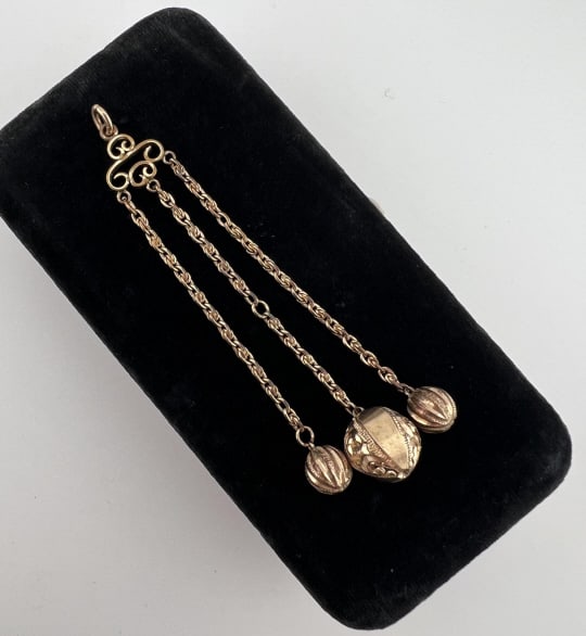 Antique 19th C Gold Filled Tassel Necklace Pendant: Antique 19th C Gold Filled Tassel Necklace Pendant. Victorian era watch fob or necklace pendant with three orbs. Measures just over 3.75 inches in length.