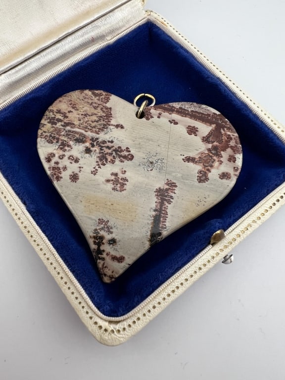Large Scale Picture Agate Carved Heart Pendant: Large Scale Picture Agate Carved Heart Pendant. Measures 2.5 x 2.75 inches approximately.