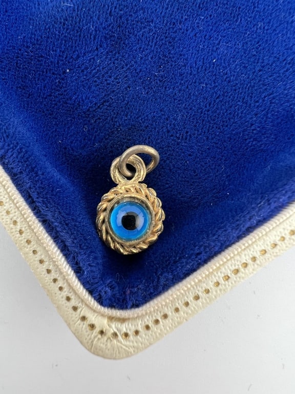 Antique Art Glass Evil Eye Charm Necklace Pendant: Antique Art Glass Evil Eye Charm Necklace Pendant. Measures just over .75 of an inch in length.