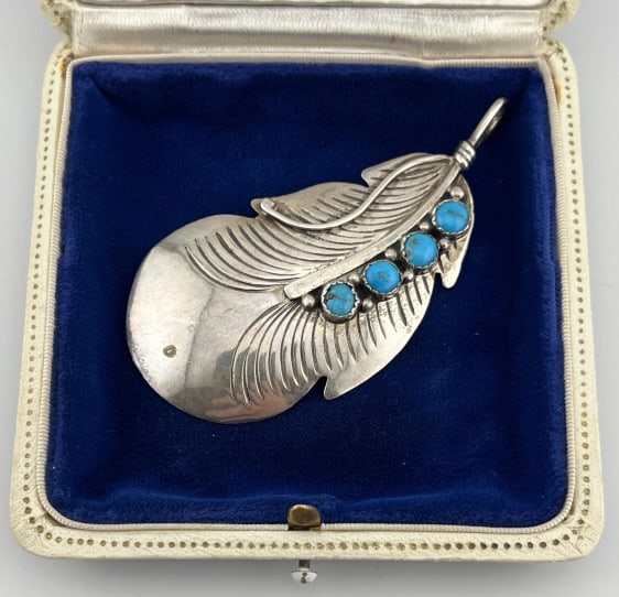 Large Native American Sterling Turquoise Pendant: Vintage Native American Sterling Turquoise Pendant. Large scale sterling silver feather motif necklace pendant or brooch set with four cabochon turquoise stones. Measures 3 inches in length.