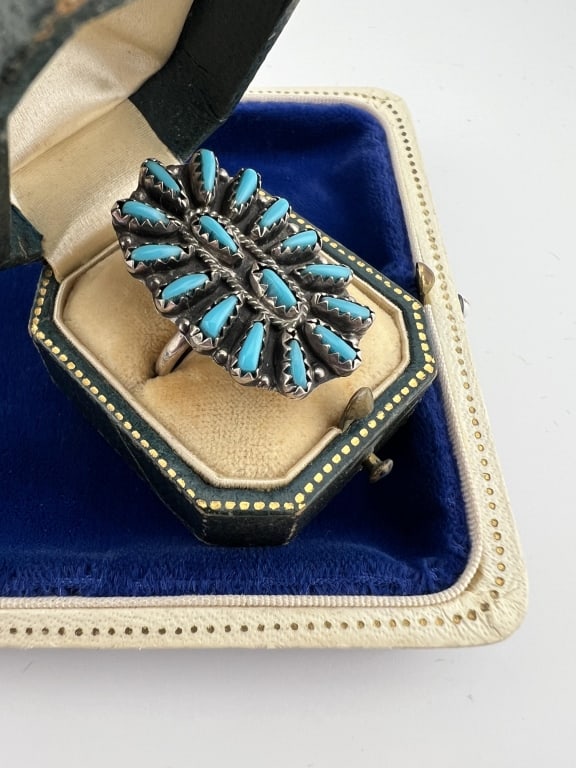 V J Begay Native American Sterling Turquoise Ring: Vintage Native American Sterling Silver Turquoise Ring. Vintage Navajo ring signed V JB for Violet & Jeffrey Begay and stamped STERLING. Ring size 8.75