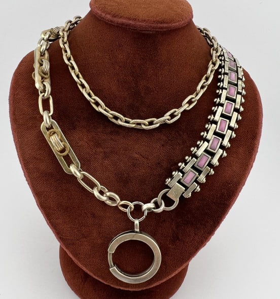 Antique Watch Chain Necklace w Huge Spring Ring: Antique Watch Chain Necklace w Huge Spring Ring for Pendant / Charm Collection. Unique necklace including an articulated chain that is set with a faceted pink stone / glass, trombone link chain with k
