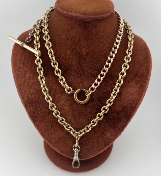 Antique Curb Link & Rolo Link Watch Chain Necklace: Antique Curb Link & Rolo Link Watch Chain Necklace w T Bar & Dog Clip. Chain measures 24 inches in length.