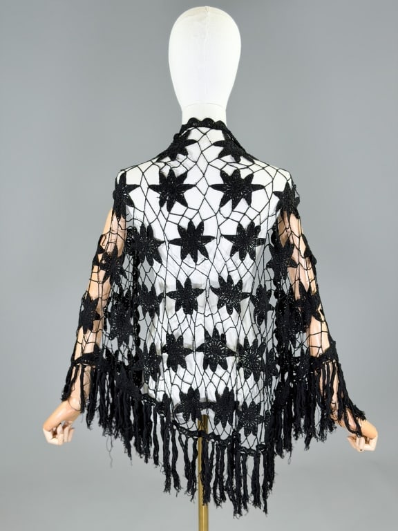 Antique Cotton Star Crochet Fringe Wrap Shawl: Antique Cotton Star Crochet Fringe Wrap Shawl having fringed edges and star pattern throughout. One size fits most. Measuring 26 inches long.