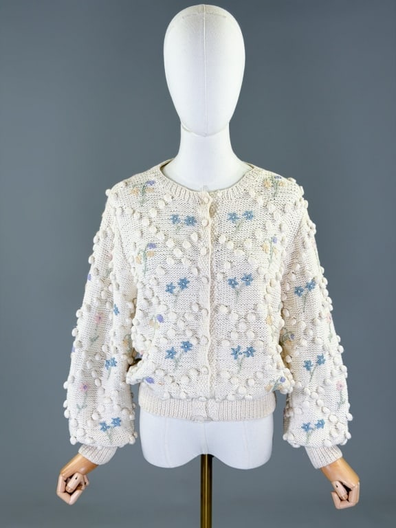 Vintage 1990s Floral Knit Pom Pom Cardigan Sweater (1 of 9)