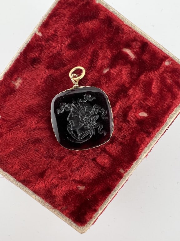 Antique Greco Roman Style Intaglio Fob or Pendant: Antique Greco Roman Style Intaglio Fob or Pendant. Watch chain fob / charm or necklace pendant. Carnelian glass. Measures 1.25 inches in length.