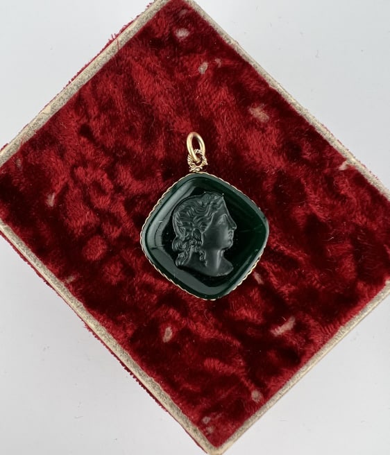 Antique Greco Roman Style Cameo Fob or Pendant: Antique Greco Roman Style Intaglio Fob or Pendant. Watch chain fob / charm or necklace pendant. Green onyx glass. Measures 1.25 inches in length.