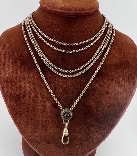 Antique 19th C Garnet Slide Gold Fill Watch Chain: Antique 19th C Garnet Slide Gold Filled Watch Chain / Guard Chain Necklace. Pocket watch chain / gold filled necklace chain with dog clip and an Etruscan Revival cannetille decorated slide set with a 