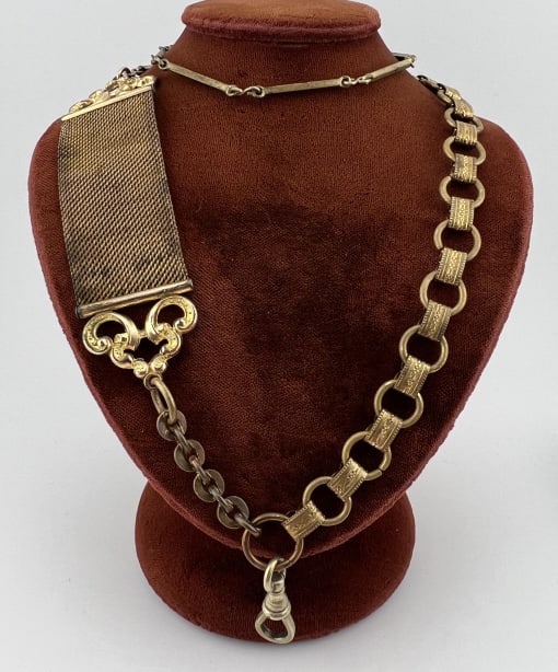Antique Watch Chain Necklace Gold Fill & Dog Clip: Antique Watch Chain Necklace w Gold Fill Components & Dog Clip. Necklace measures 23 inches in length. Set with a dog clip clasp and an additional one to hold pocket watch / pendant / charms etc. Comp
