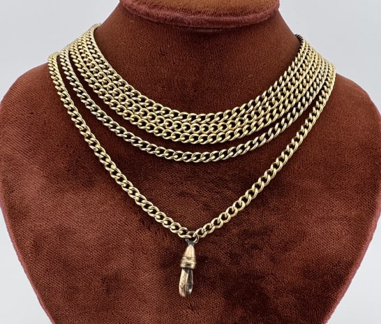 Curb Link Watch Chain or Guard Chain w Dog Clip: Curb Link Watch Chain or Guard Chain w Dog Clip. Having an antique gold filled dog clip for watch / pendant / charm. Chain measures just over 56 inches in length.